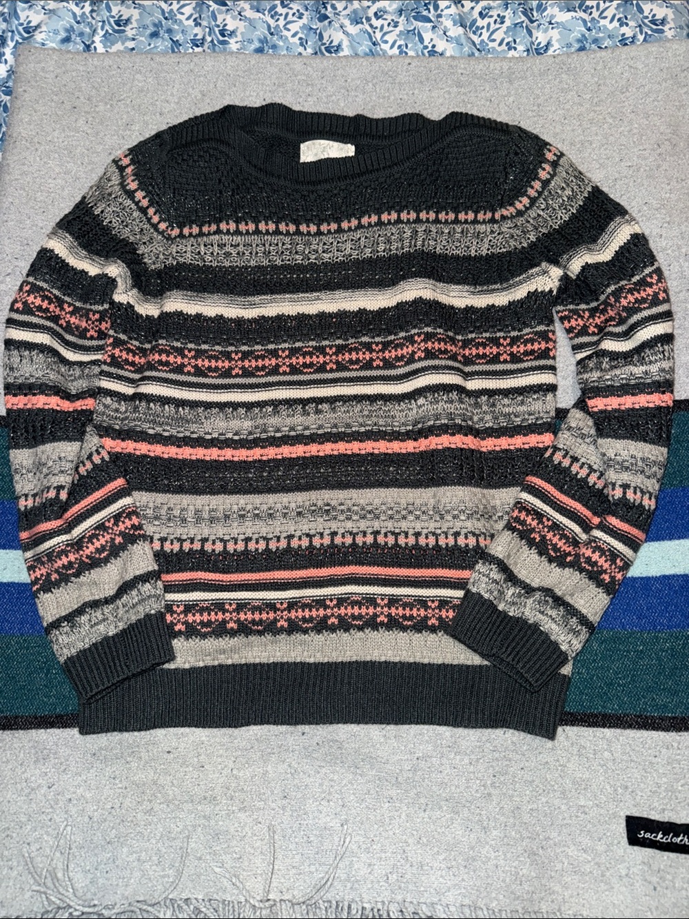 Womens Striped Fair Isle Crewneck Sweater - Dark Gray with pink Accents